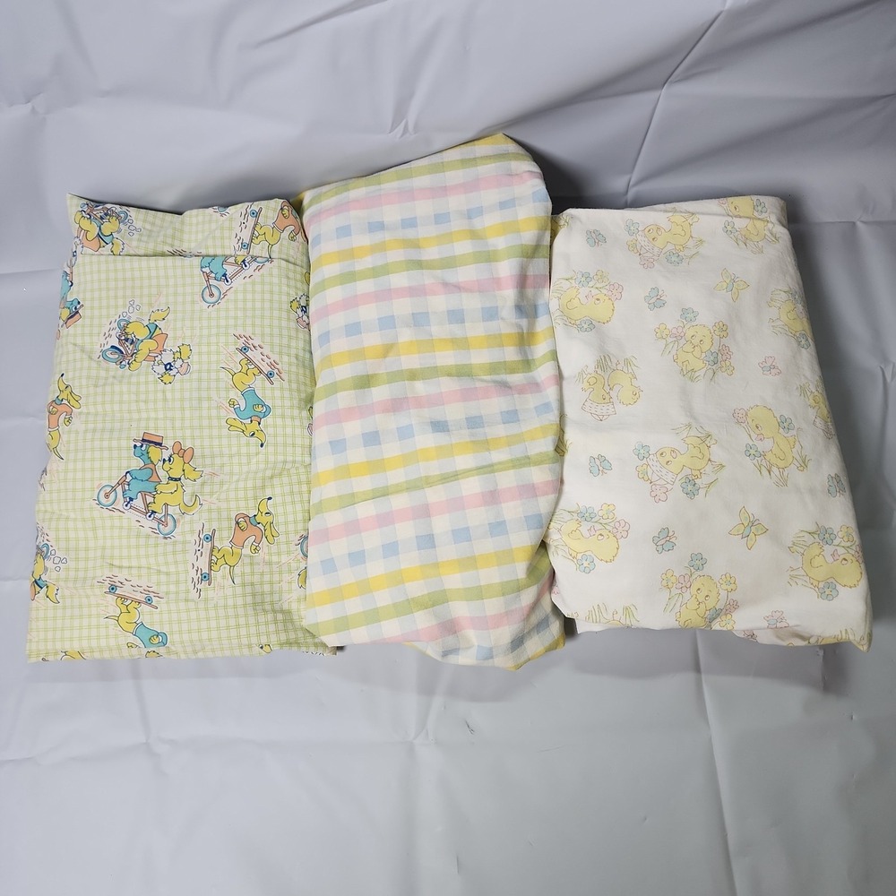 Lot Of 3 Vintage Baby Crib Sheets Plaid Puppy Dogs Ducks Chicks Animals Pastels
